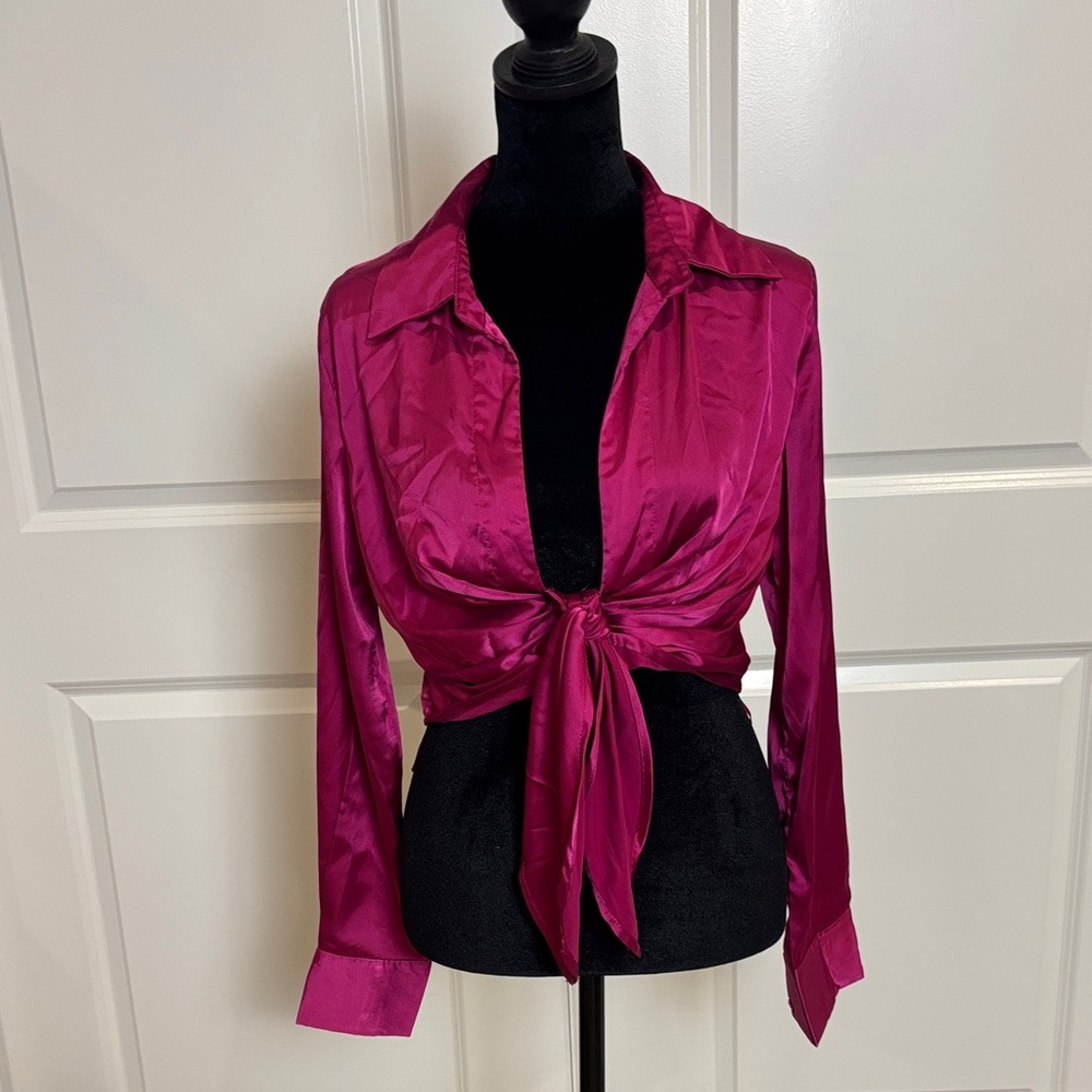 Windsor Magenta Satin Tie-Front Blouse